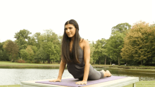 Tara Lee doing upward dog yoga position Tara Lee doing upward dog yoga position